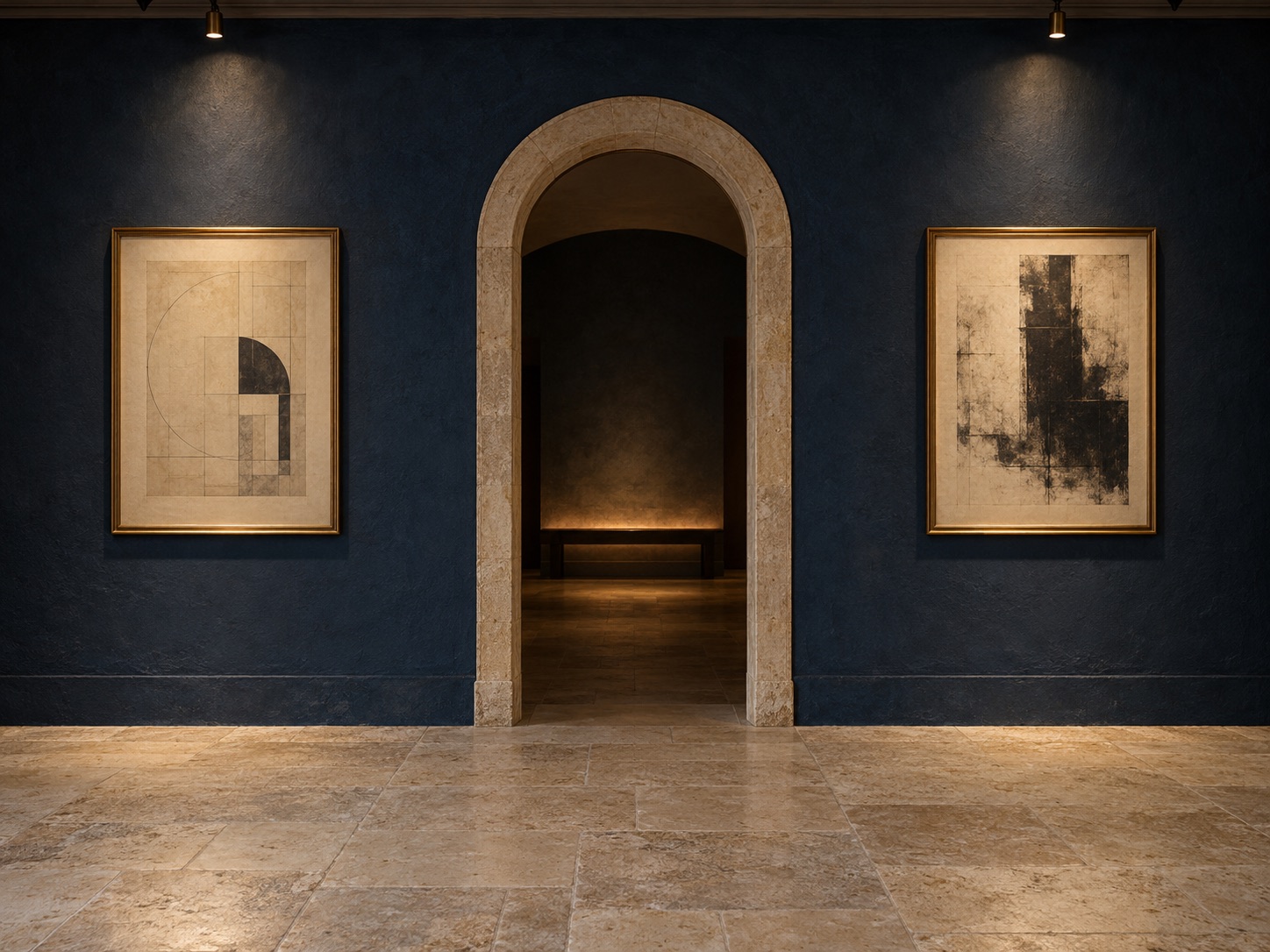 An arched entrance between two framed prints